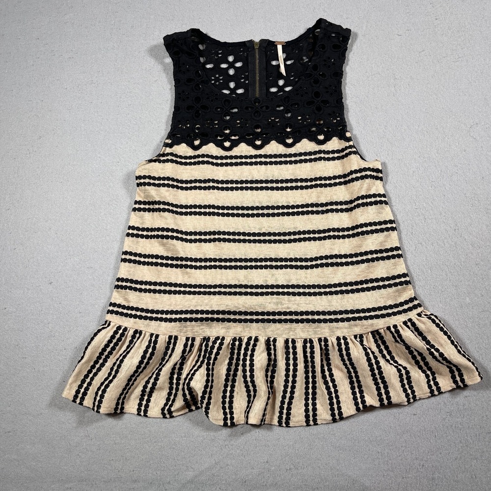 Free People Top Women S Beige Black Striped Eyelet Lace Peplum Sleeveless‎ Boho
